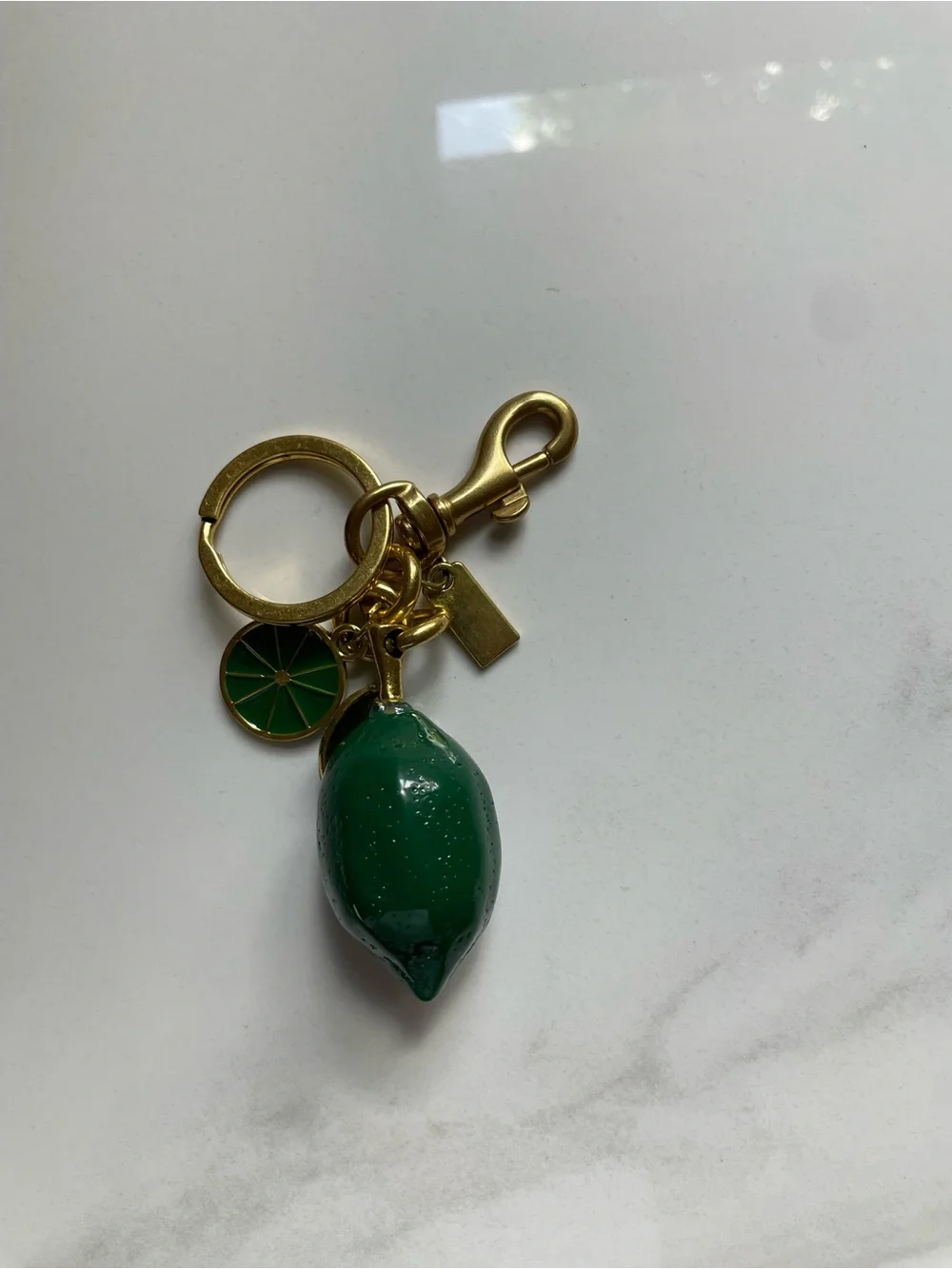 Gold Keyring Charm with Green Lime Pendant